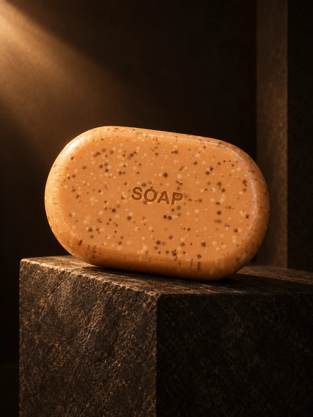 Soap campaign concept — the speckled bar on a stone plinth in cinematic amber light