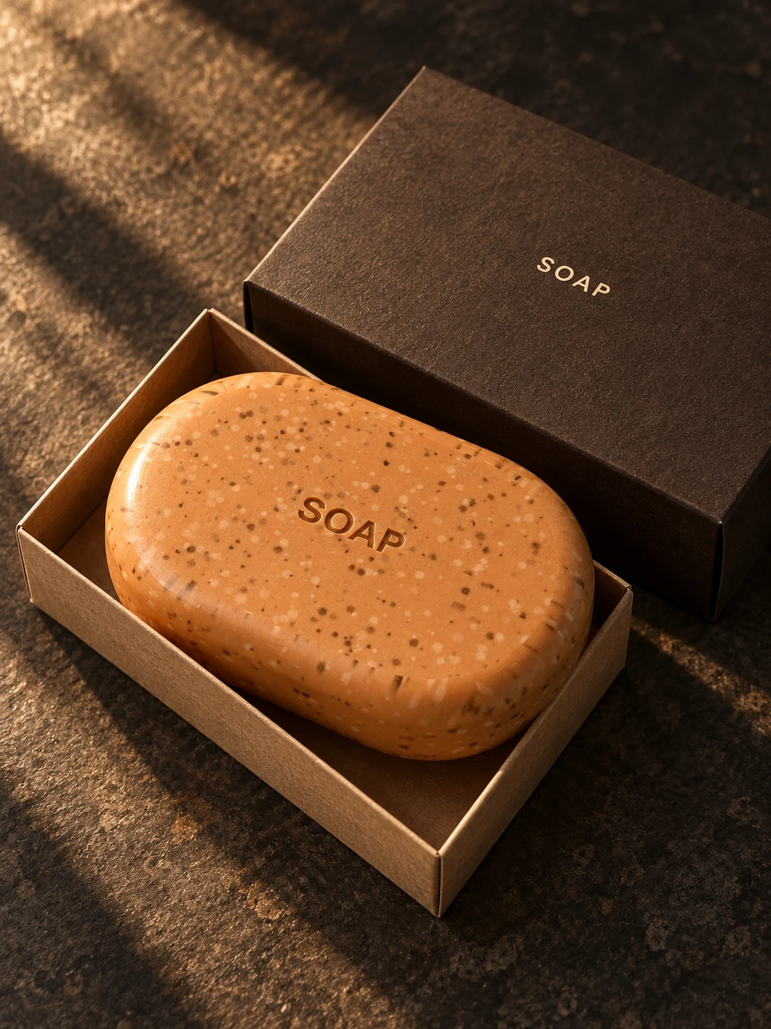 Soap campaign concept — the bar in a kraft tray beside espresso-coloured packaging