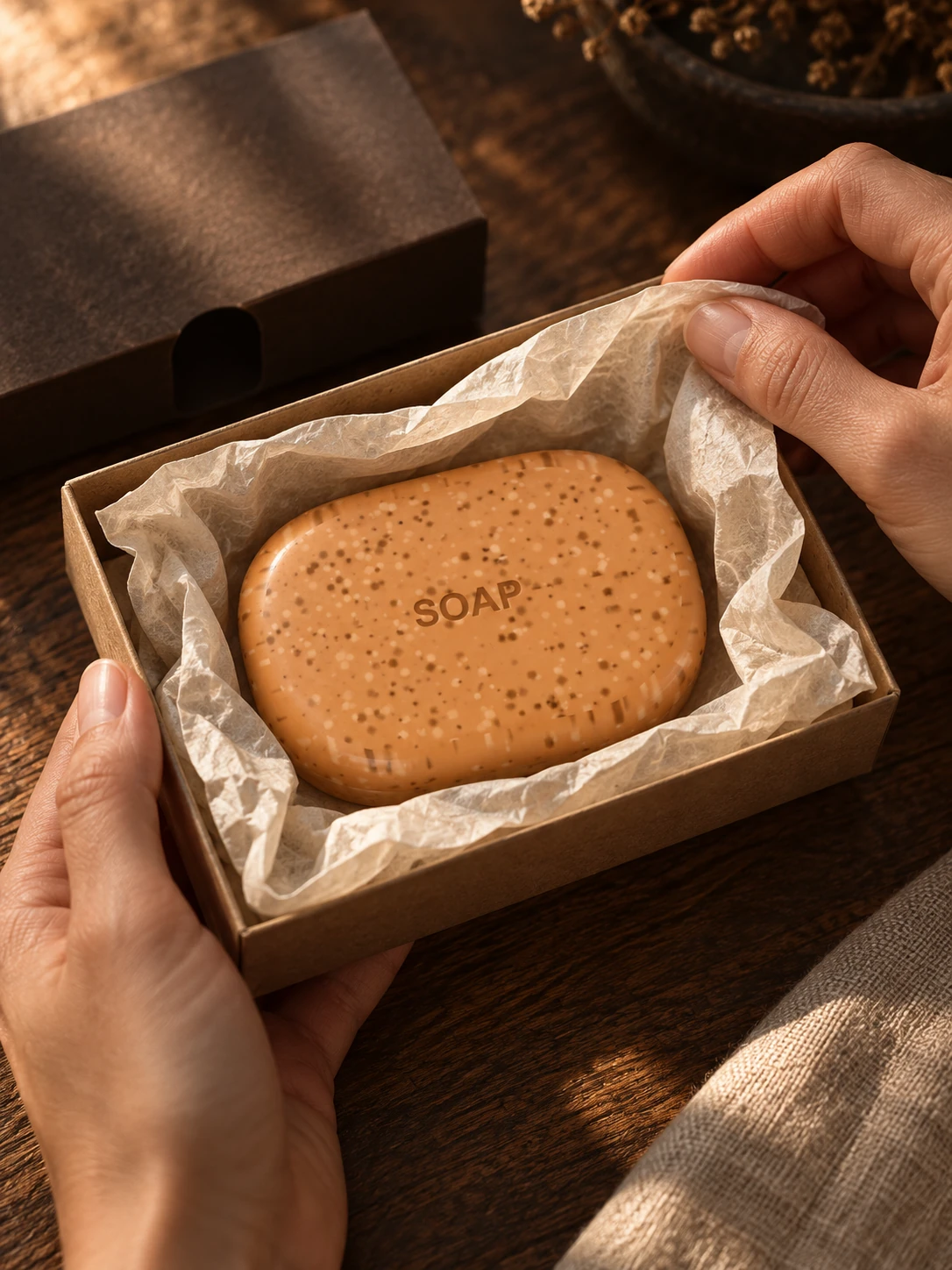 Soap campaign concept — hands unwrapping the bar from tissue paper