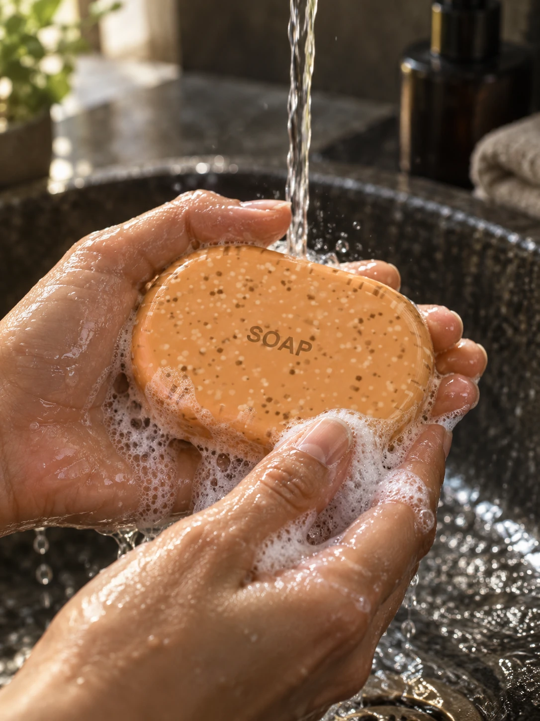 Soap campaign concept — hands lathering the bar beneath running water