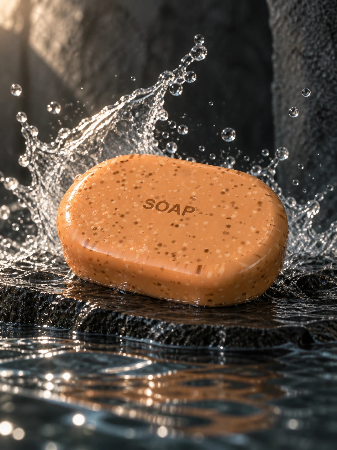 Soap campaign concept — the bar on wet basalt with a backlit splash of water
