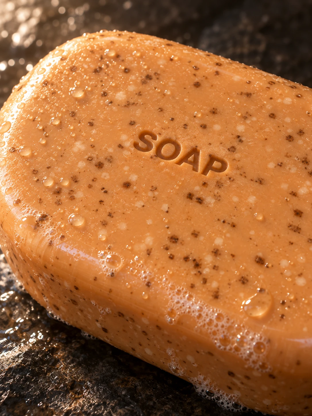 Close-up of the speckled soap and its stamped surface, an AI-generated campaign concept
