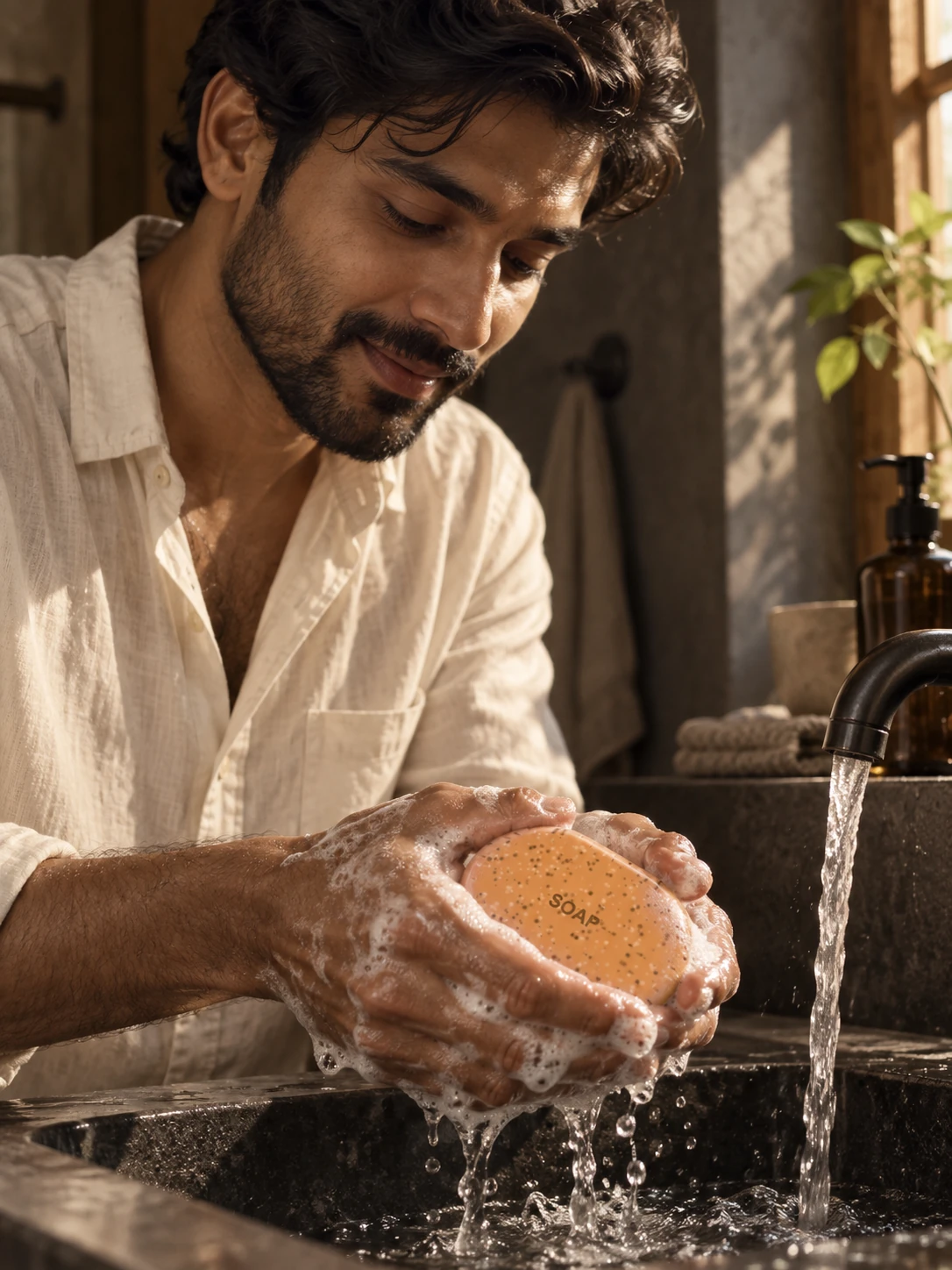 Soap campaign concept — a man lathering the bar at a sunlit bathroom sink
