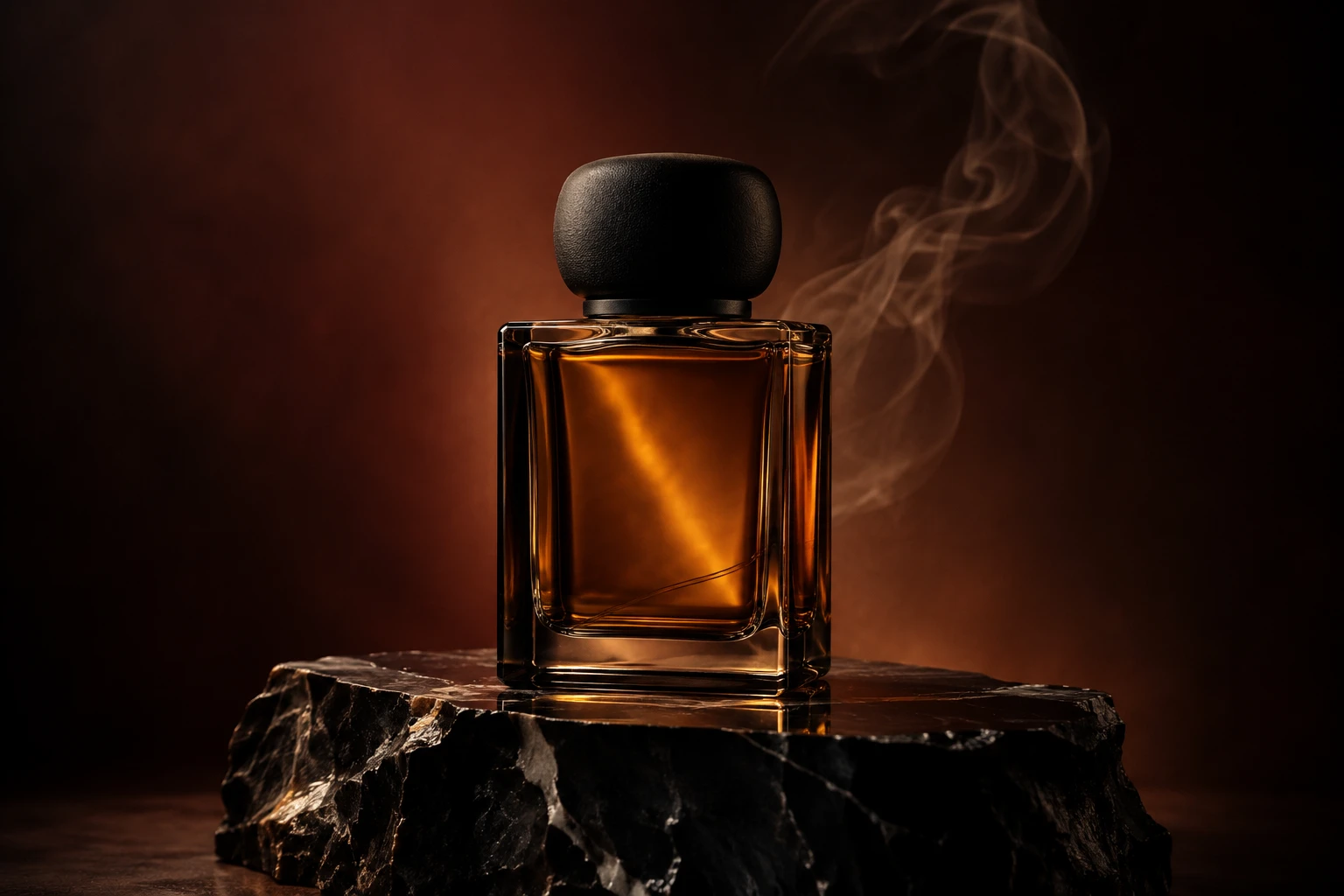 An amber perfume bottle with a black cap on obsidian, surrounded by warm smoke