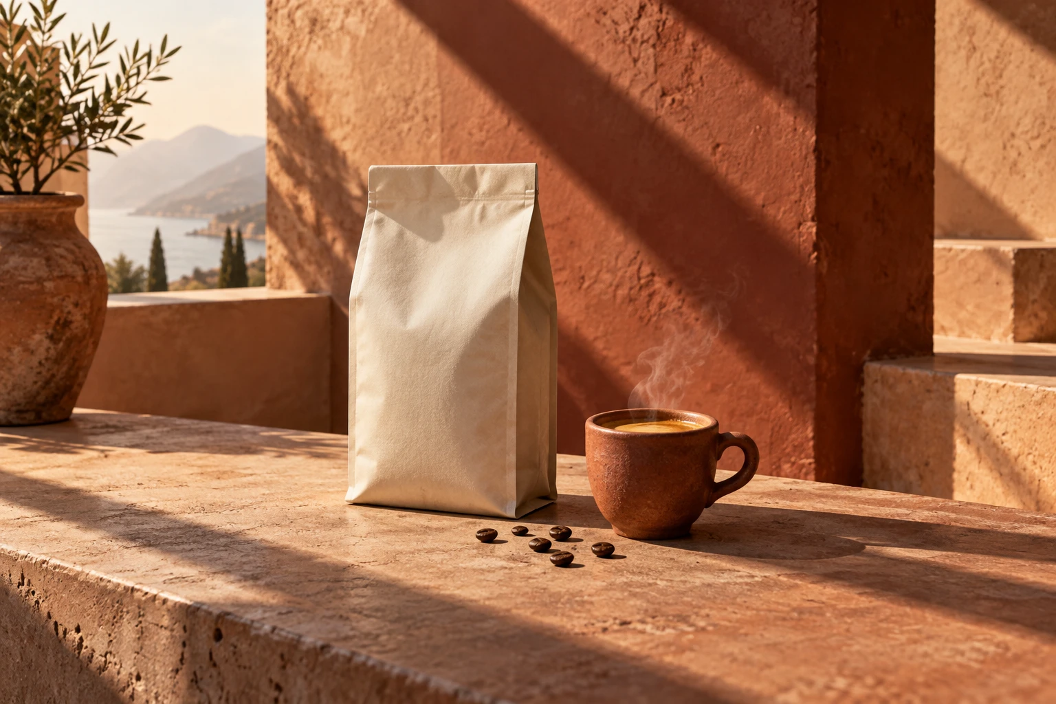 A cream coffee bag and terracotta espresso cup in long morning sunlight