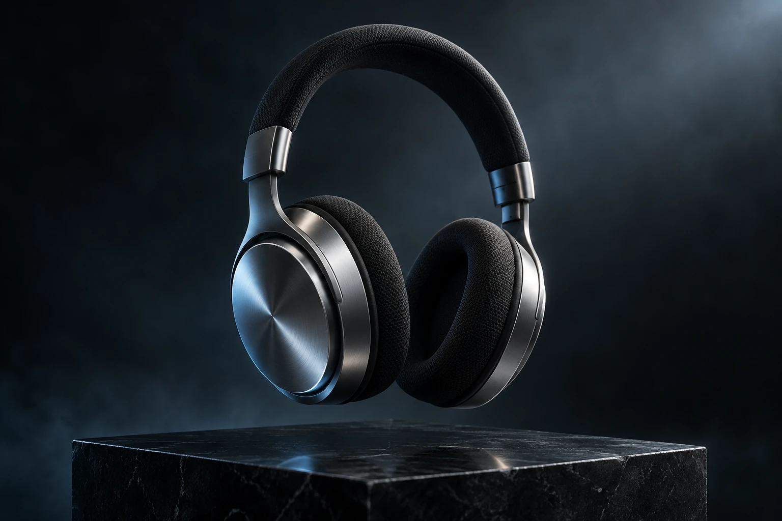 Brushed-metal headphones above a dark stone plinth in cool rim light