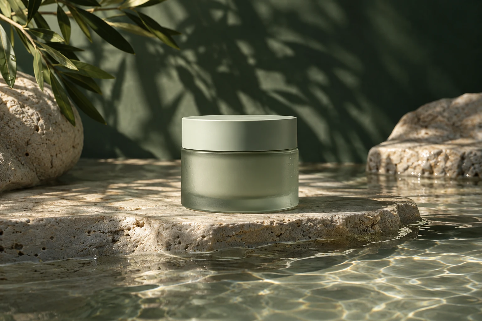 A frosted sage-green skincare jar beside clear water and botanical shadows